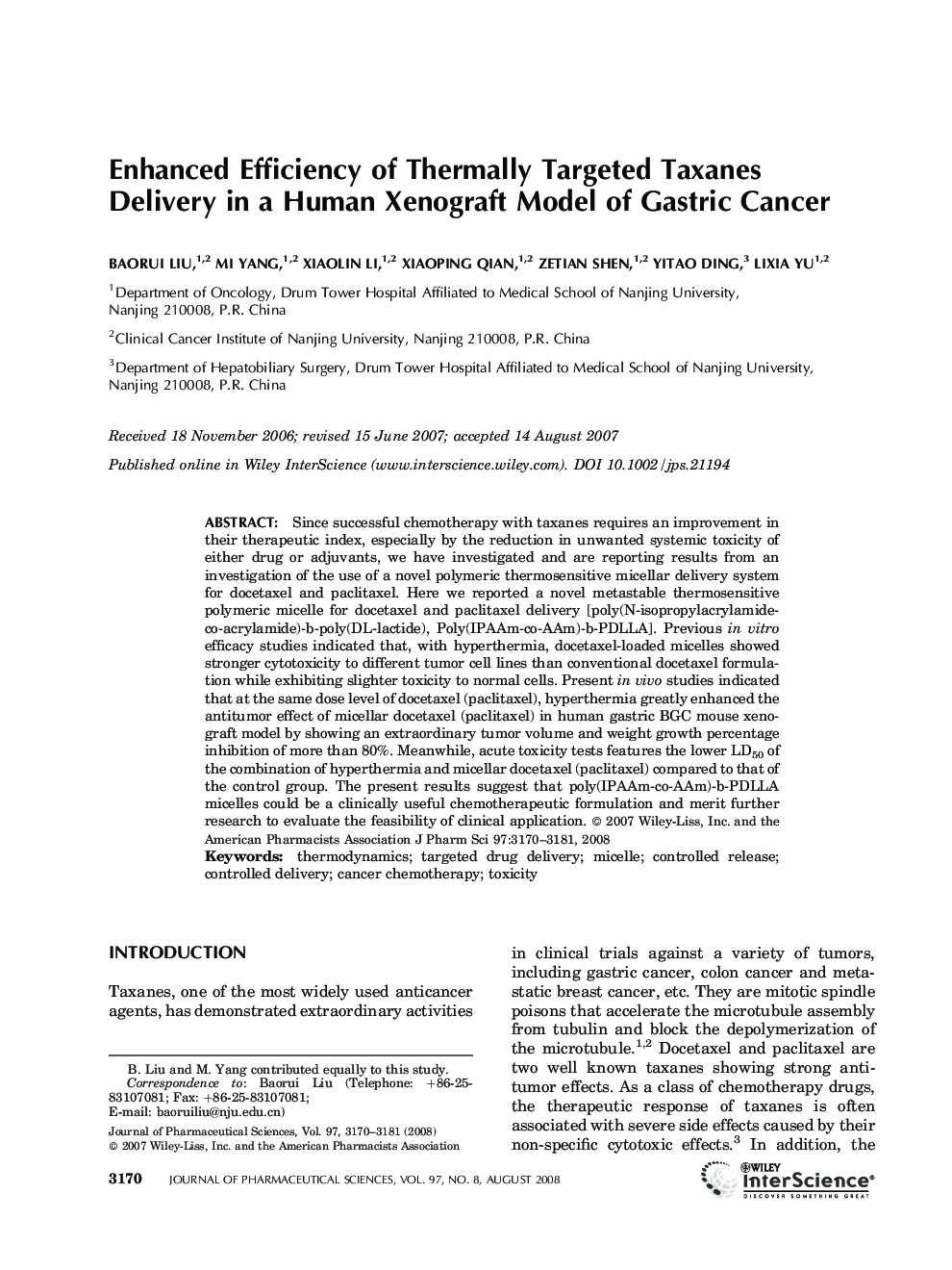 Enhanced Efficiency of Thermally Targeted Taxanes Delivery in a Human Xenograft Model of Gastric Cancer