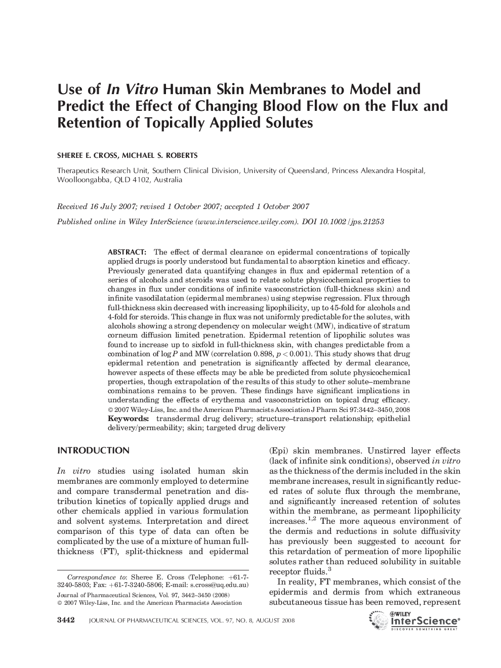 Use of In Vitro Human Skin Membranes to Model and Predict the Effect of Changing Blood Flow on the Flux and Retention of Topically Applied Solutes