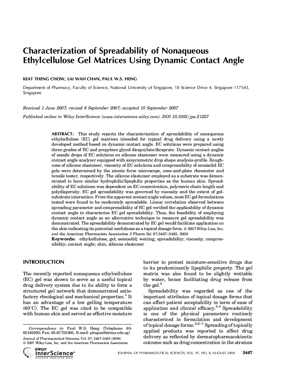 Characterization of Spreadability of Nonaqueous Ethylcellulose Gel Matrices Using Dynamic Contact Angle