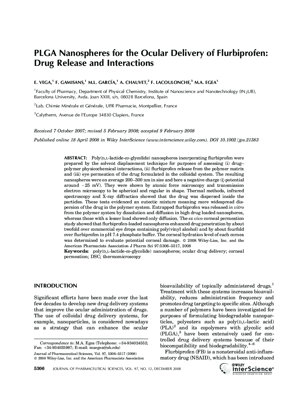 PLGA nanospheres for the ocular delivery of flurbiprofen: Drug release and interactions