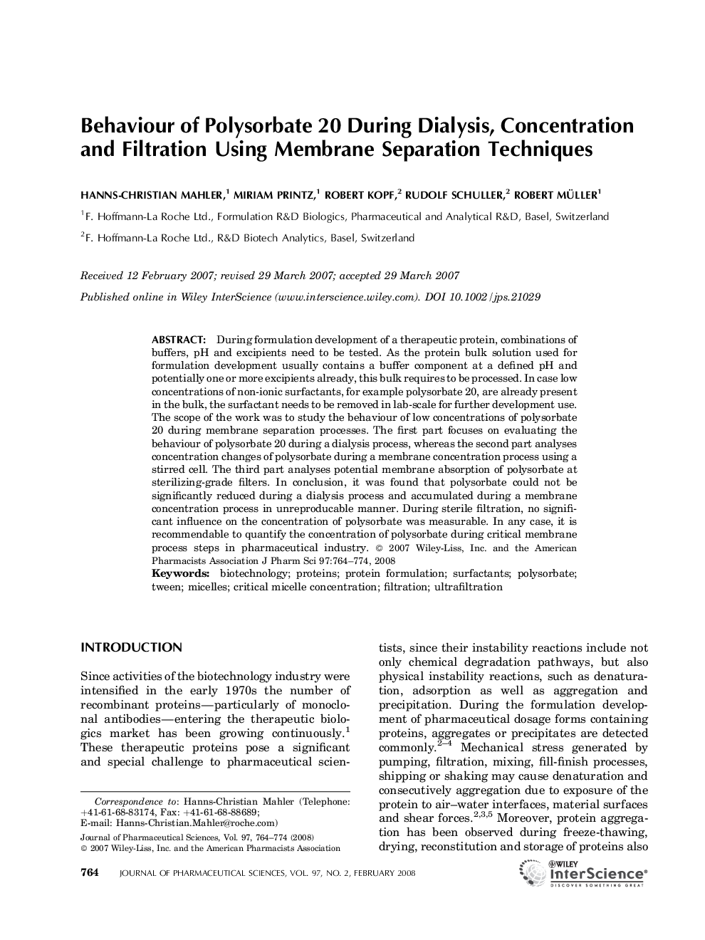 Behaviour of Polysorbate 20 During Dialysis, Concentration and Filtration Using Membrane Separation Techniques