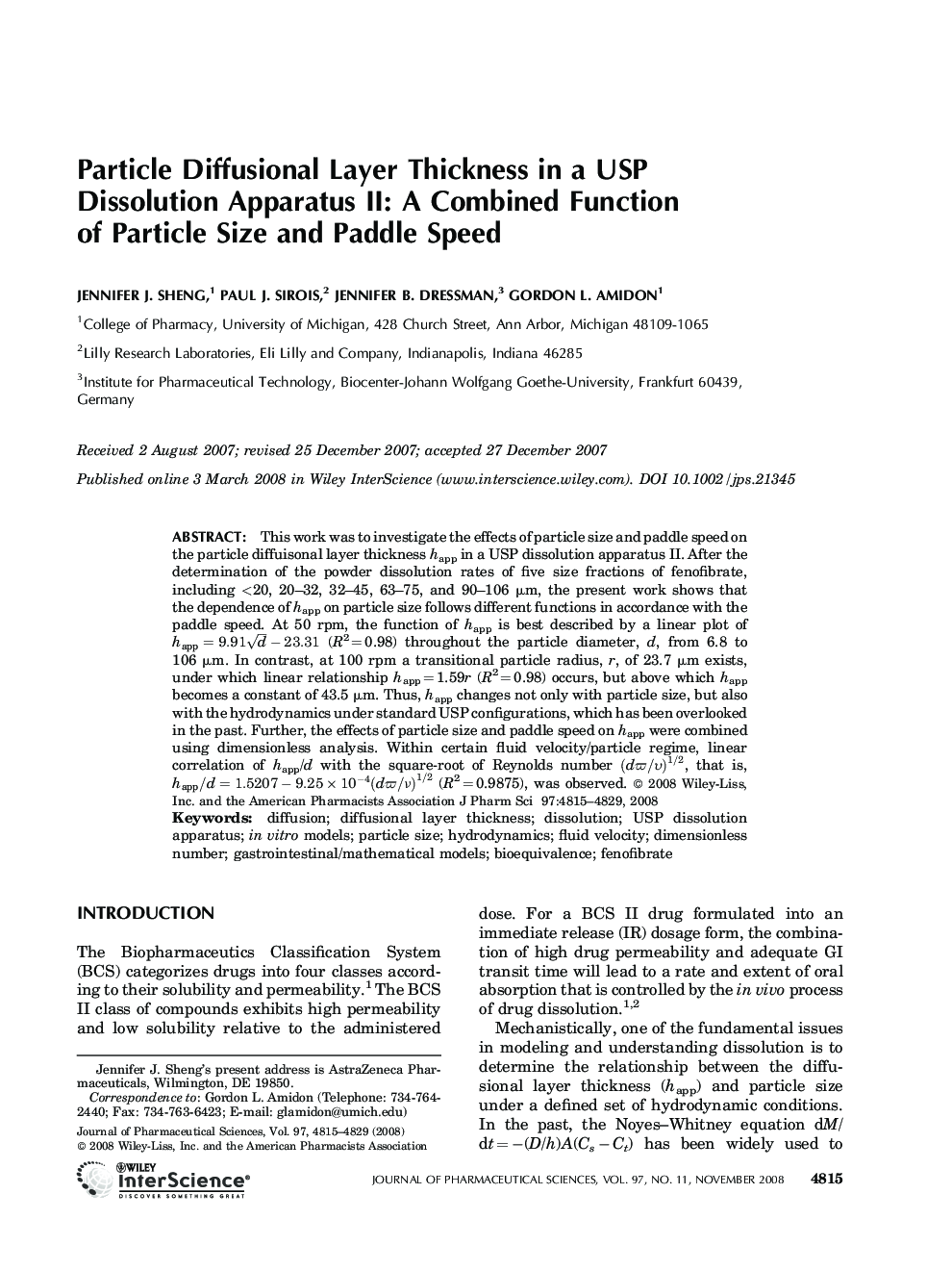 Particle diffusional layer thickness in a USP dissolution apparatus II: A combined function of particle size and paddle speed