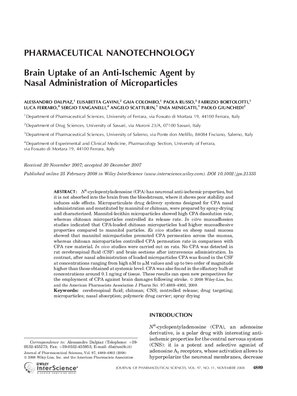 Brain uptake of an anti-ischemic agent by nasal administration of microparticles