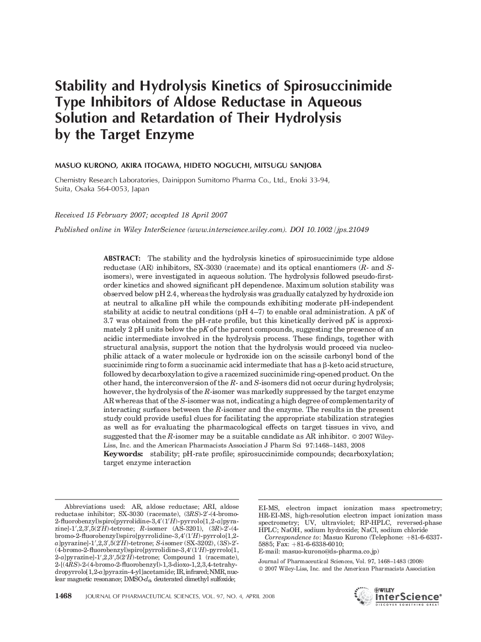 Stability and Hydrolysis Kinetics of Spirosuccinimide type Inhibitors of Aldose Reductase in Aqueous Solution and Retardation of Their Hydrolysis by the Target enzyme