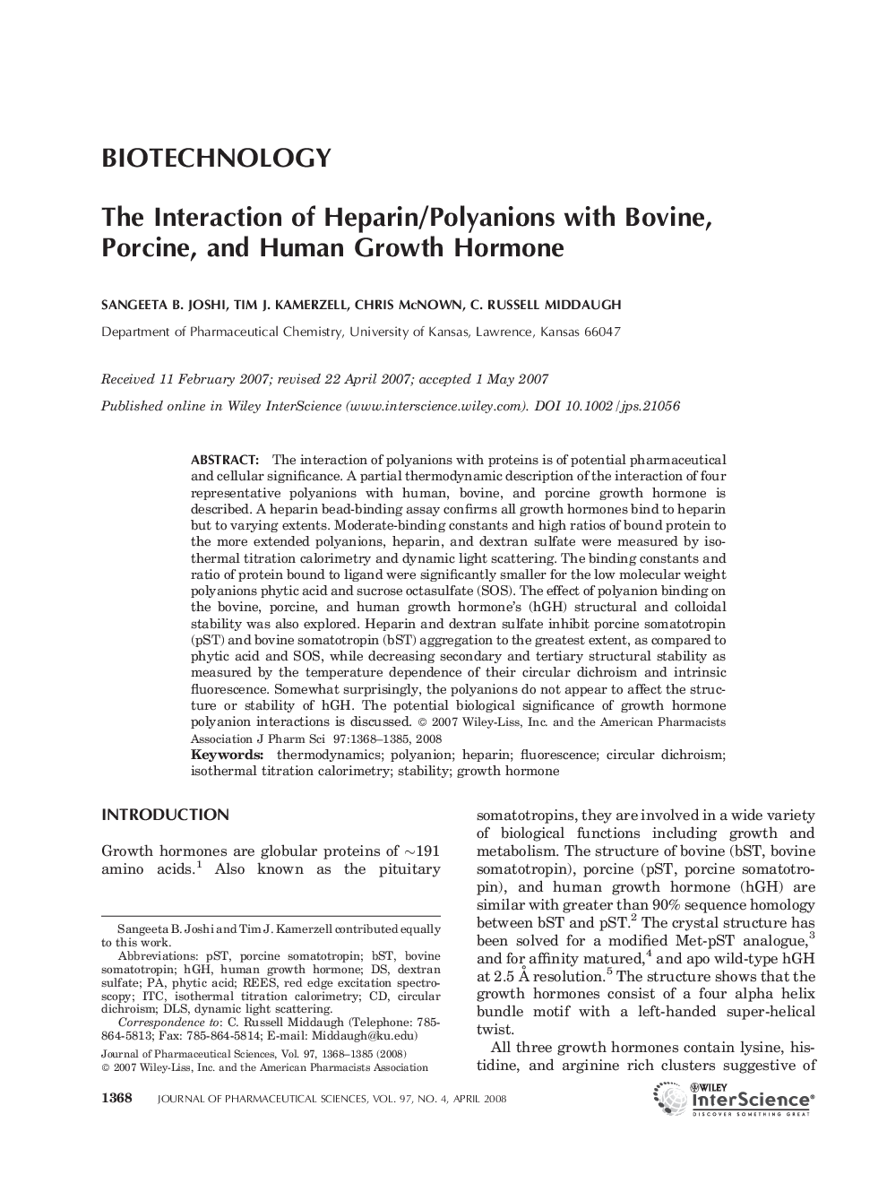 The Interaction of Heparin/polyanions with Bovine, Porcine, and Human Growth Hormone*