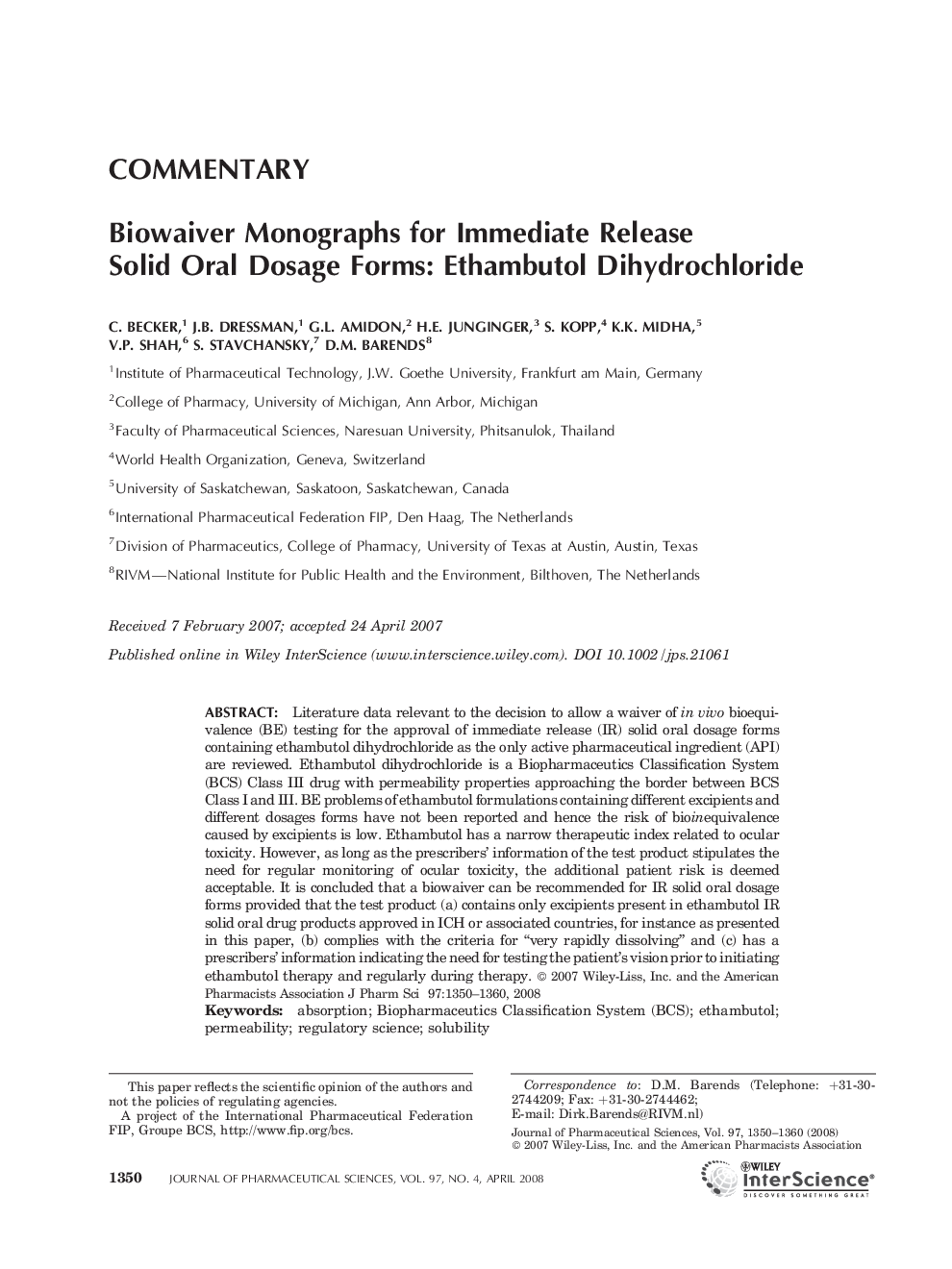 Biowaiver Monographs for Immediate Release Solid Oral Dosage Forms: Ethambutol Dihydrochloride**