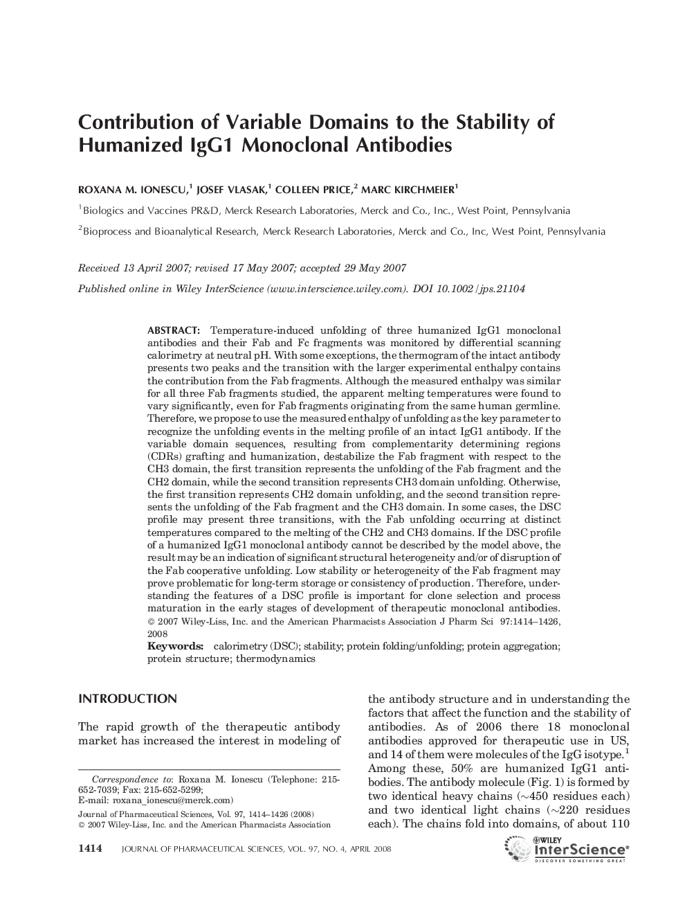 Contribution of Variable Domains to the Stability of Humanized IgG1 Monoclonal Antibodies