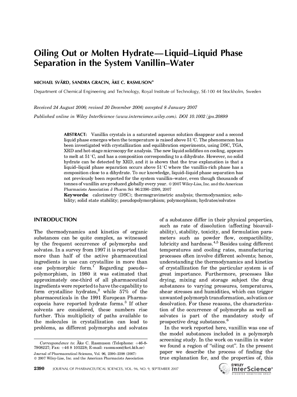 Oiling out or molten hydrate-liquid-liquid phase separation in the system vanillin-water