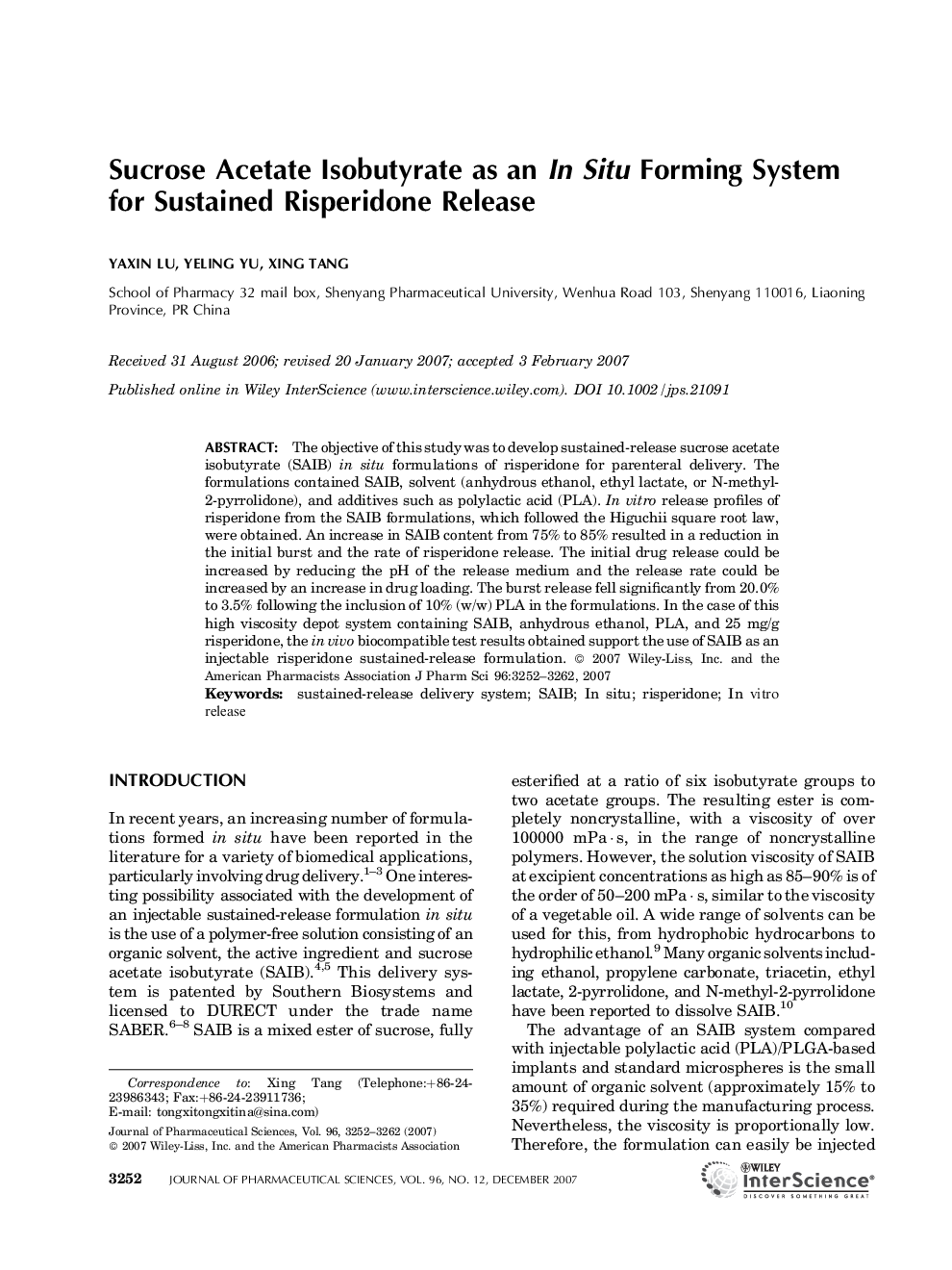 Sucrose acetate isobutyrate as an In Situ forming system for sustained risperidone release