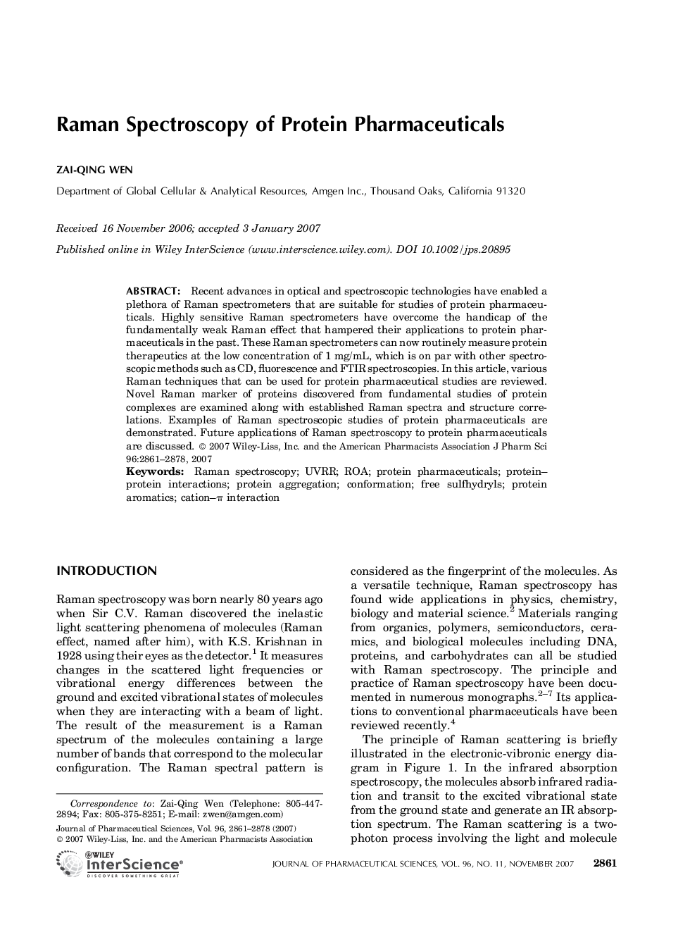 Raman spectroscopy of protein pharmaceuticals