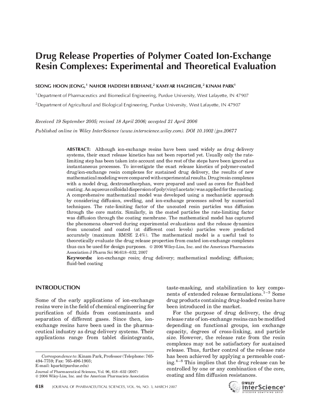 Drug Release Properties of Polymer Coated Ion-Exchange Resin Complexes: Experimental and Theoretical Evaluation