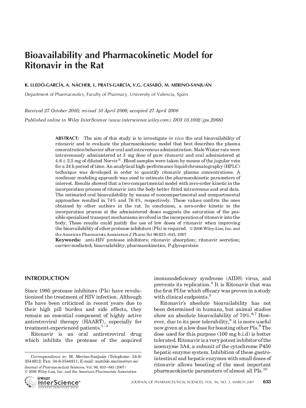 Bioavailability and Pharmacokinetic Model for Ritonavir in the Rat