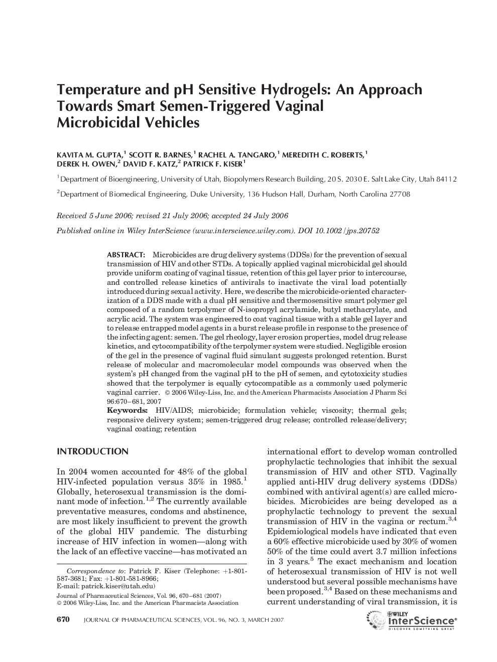 Temperature and pH Sensitive Hydrogels: An Approach Towards Smart Semen-Triggered Vaginal Microbicidal Vehicles