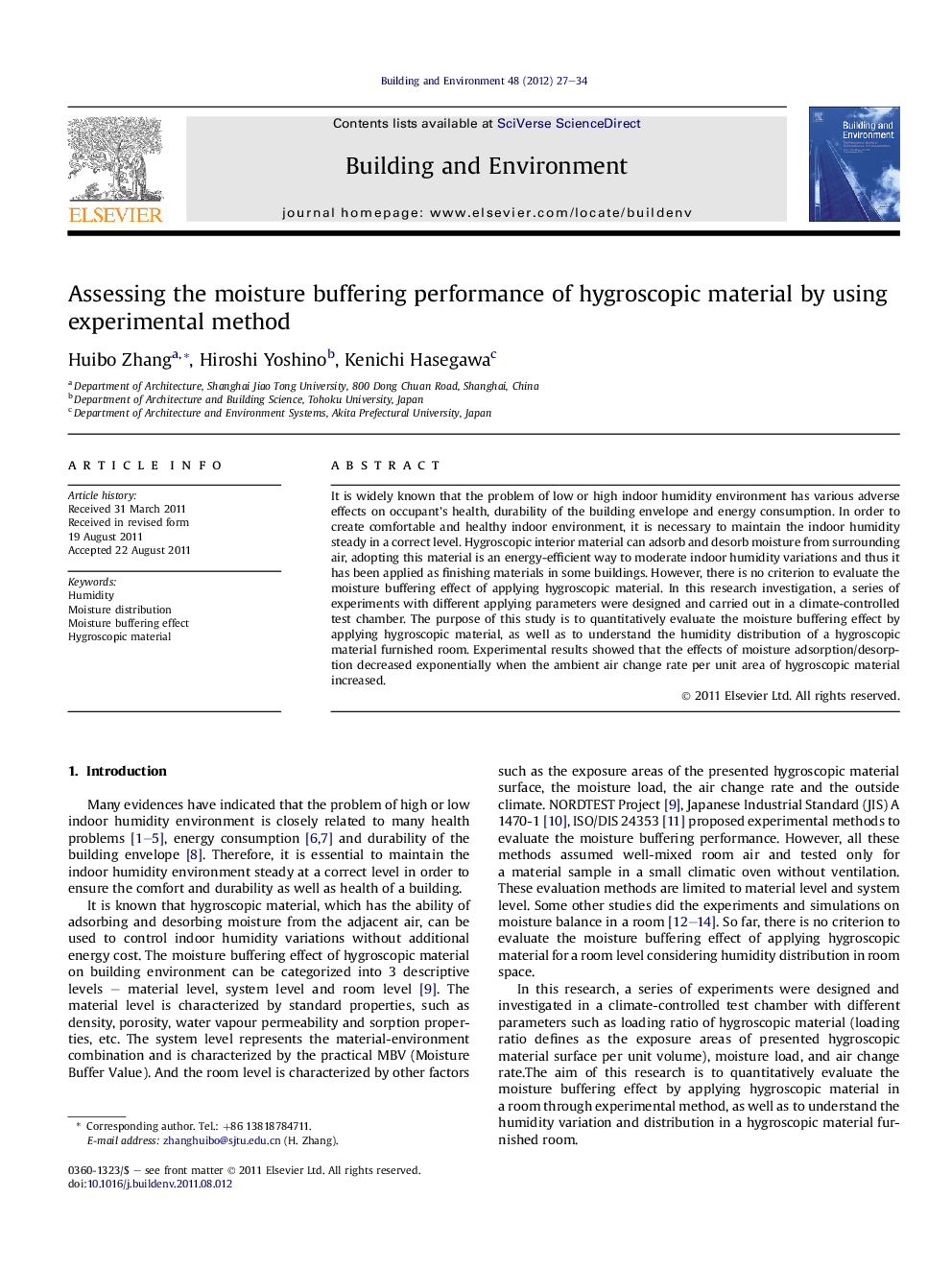 Assessing the moisture buffering performance of hygroscopic material by using experimental method