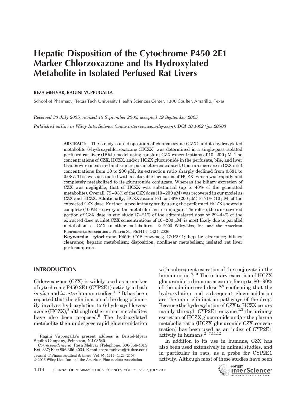 Hepatic Disposition of the Cytochrome P450 2E1 Marker Chlorzoxazone and its Hydroxylated Metabolite in Isolated Perfused Rat Livers