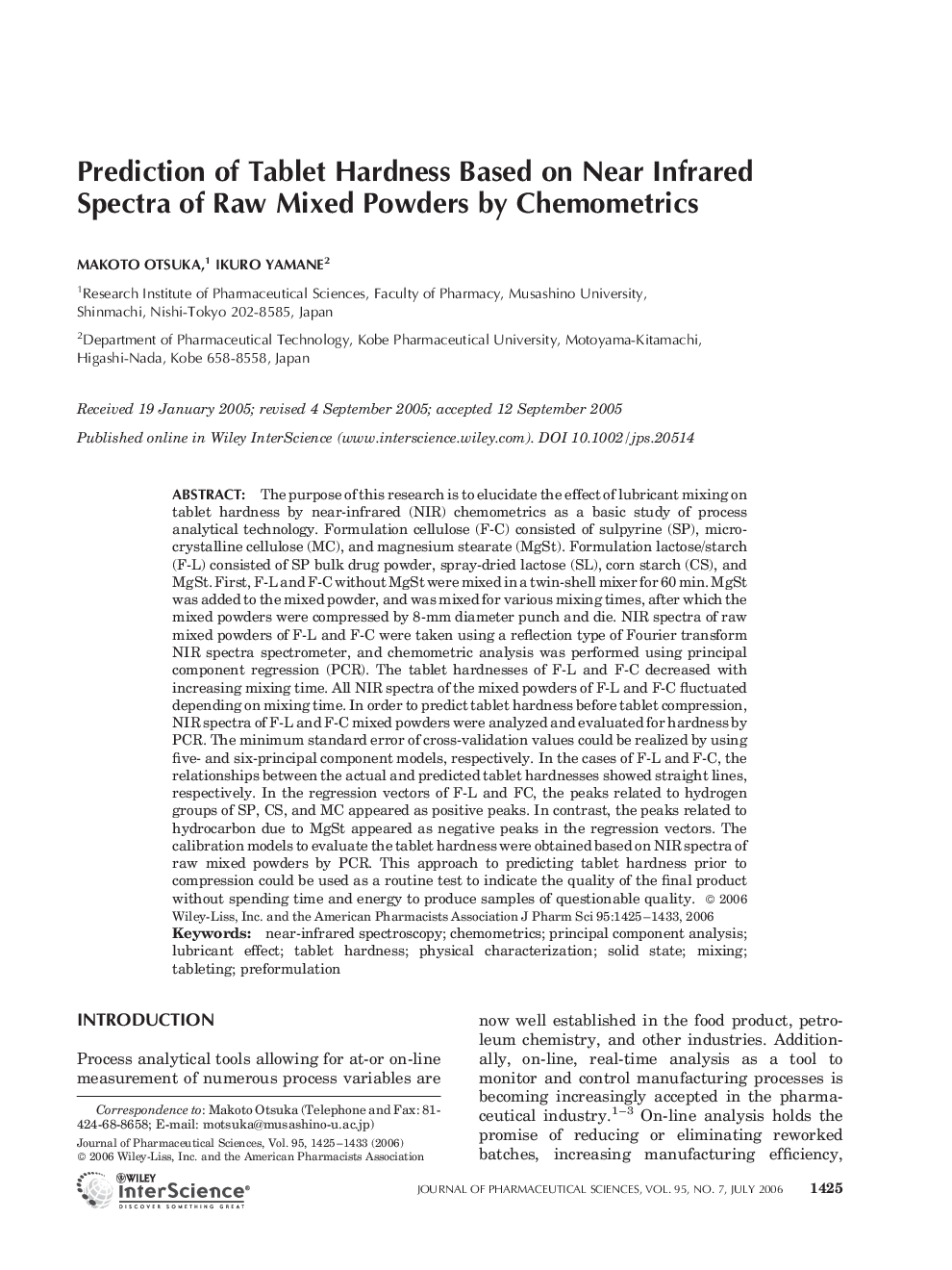 Prediction of Tablet Hardness Based on Near Infrared Spectra of Raw Mixed Powders by Chemometrics