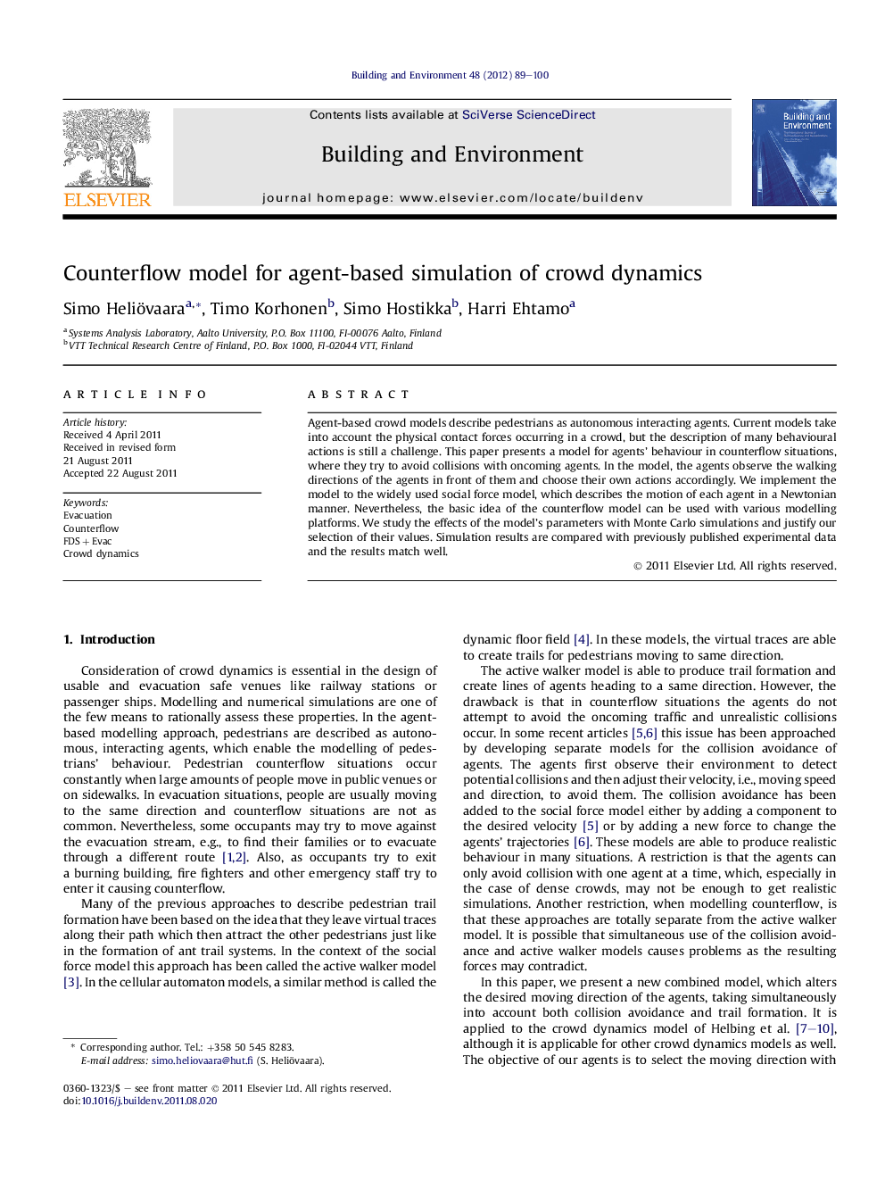 Counterflow model for agent-based simulation of crowd dynamics