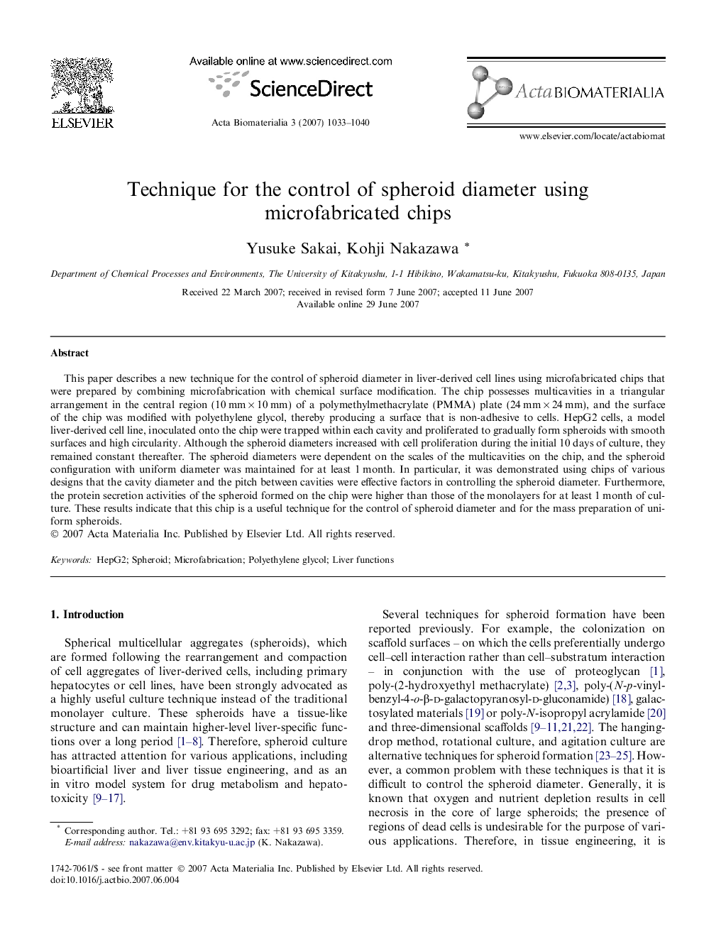 Technique for the control of spheroid diameter using microfabricated chips