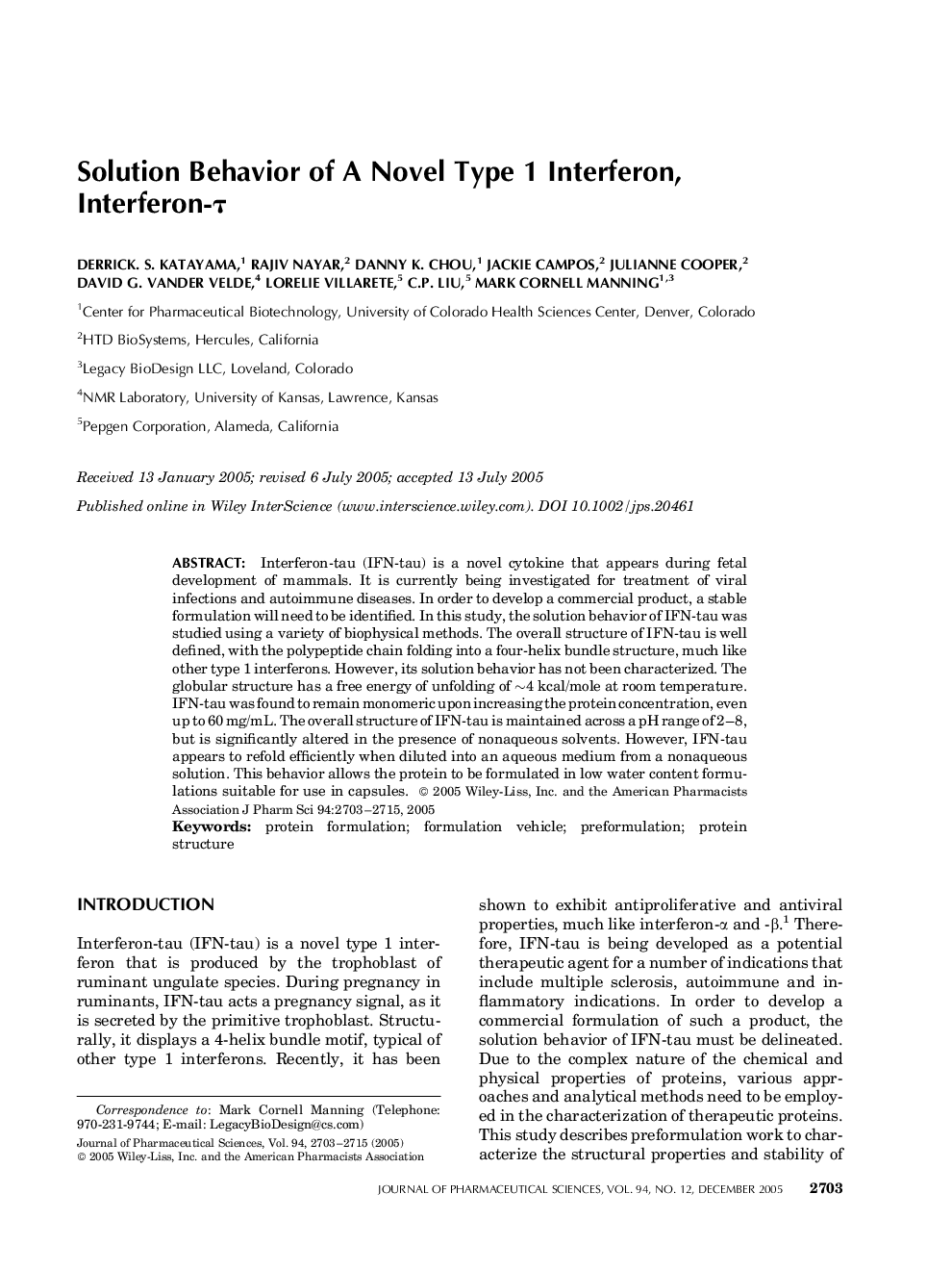 Solution behavior of a novel type 1 interferon, interferon-Ï