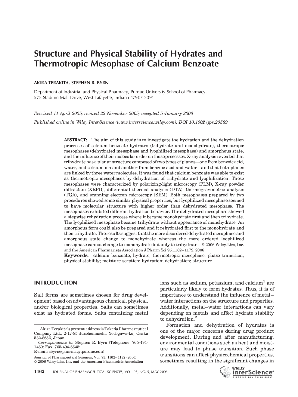 Structure and Physical Stability of Hydrates and Thermotropic Mesophase of Calcium Benzoate