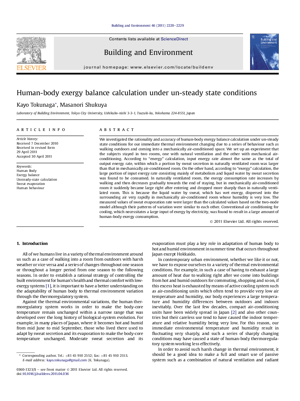 Human-body exergy balance calculation under un-steady state conditions