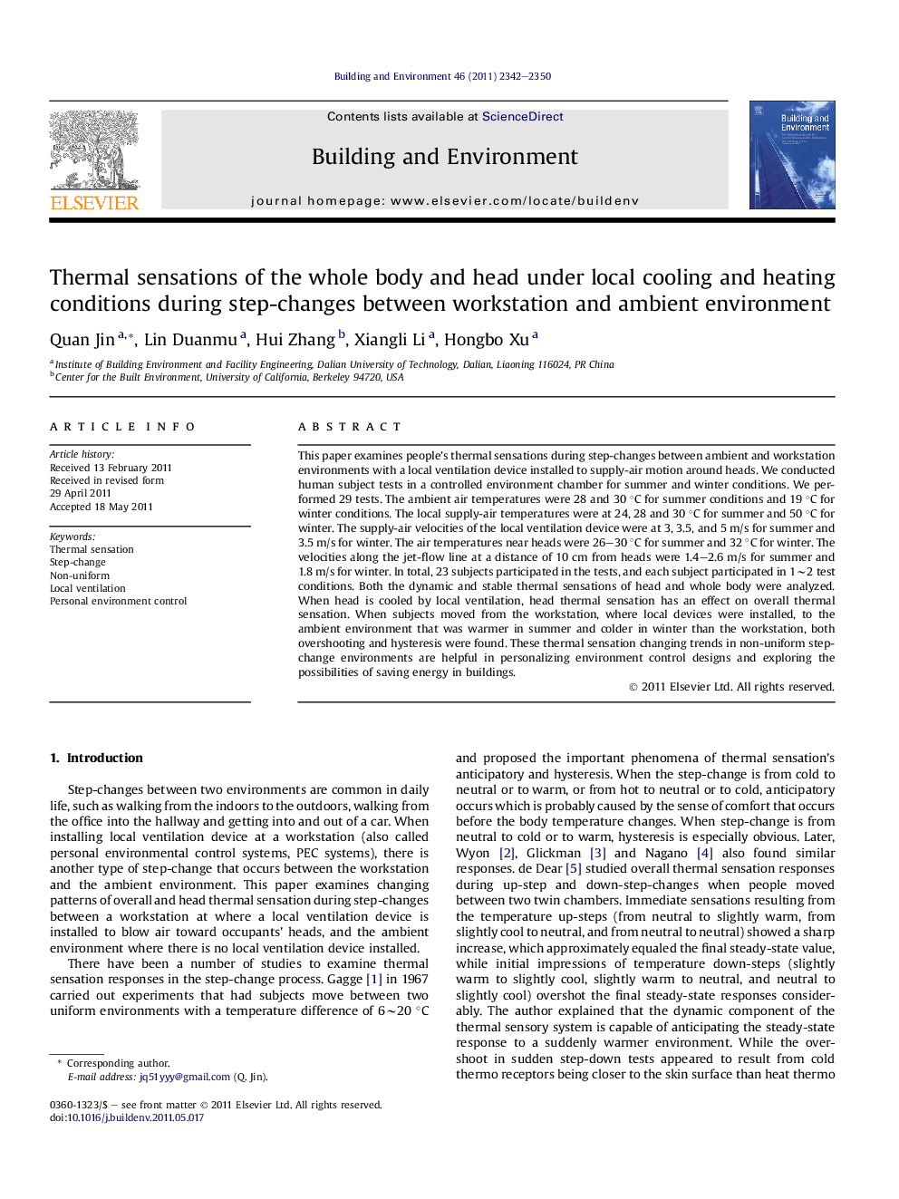 Thermal sensations of the whole body and head under local cooling and heating conditions during step-changes between workstation and ambient environment