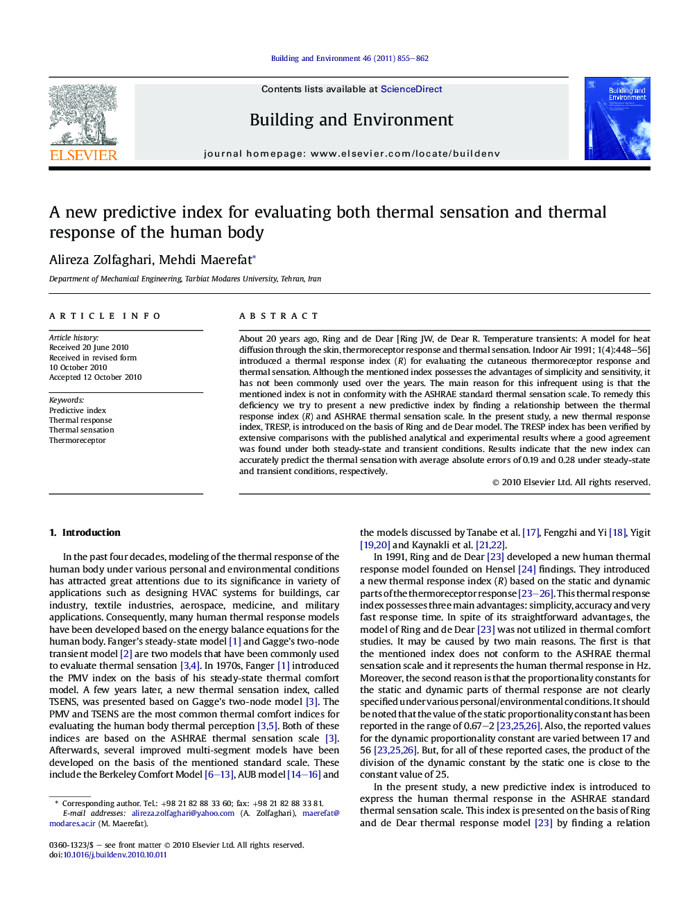 A new predictive index for evaluating both thermal sensation and thermal response of the human body