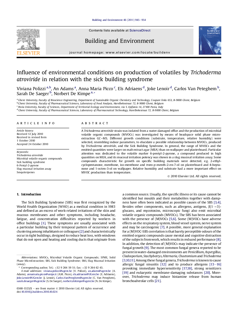 Influence of environmental conditions on production of volatiles by Trichoderma atroviride in relation with the sick building syndrome