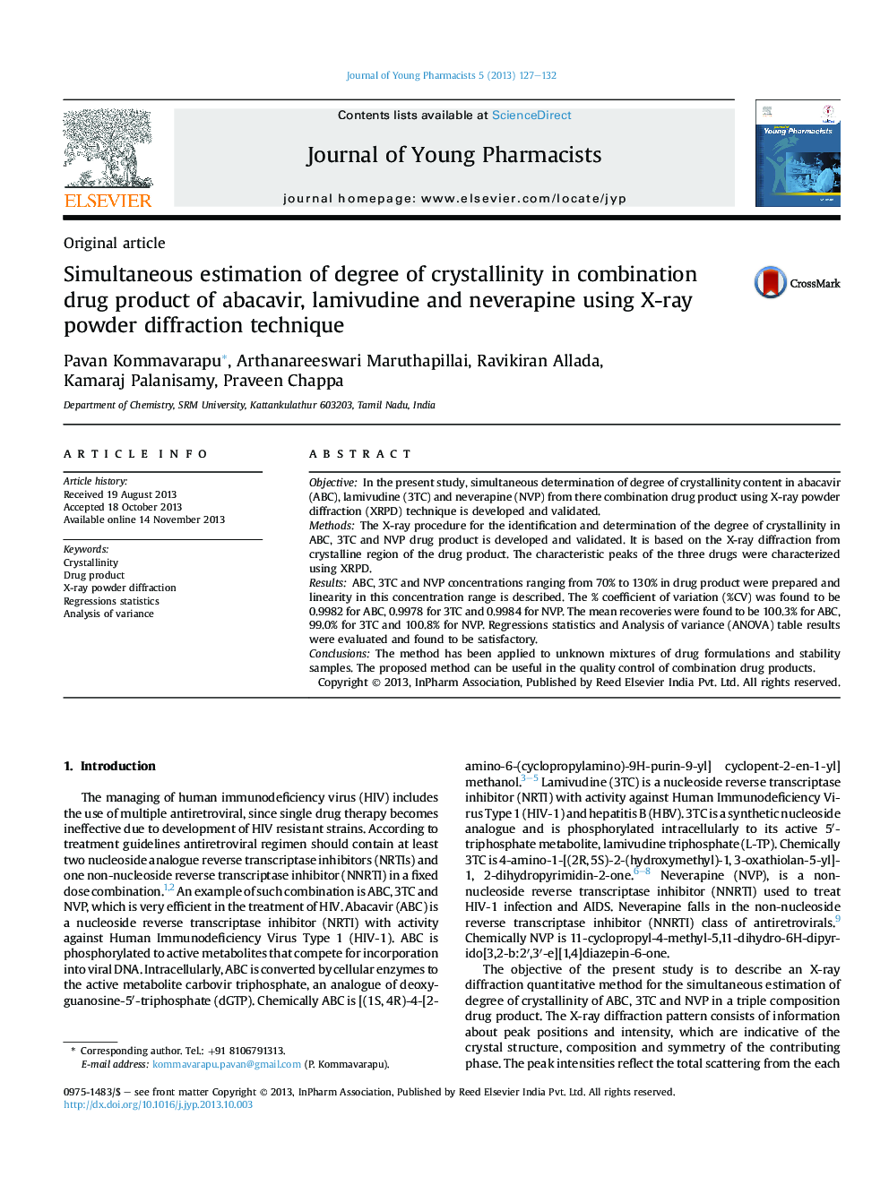 Simultaneous estimation of degree of crystallinity in combination drug product of abacavir, lamivudine and neverapine using X-ray powder diffraction technique