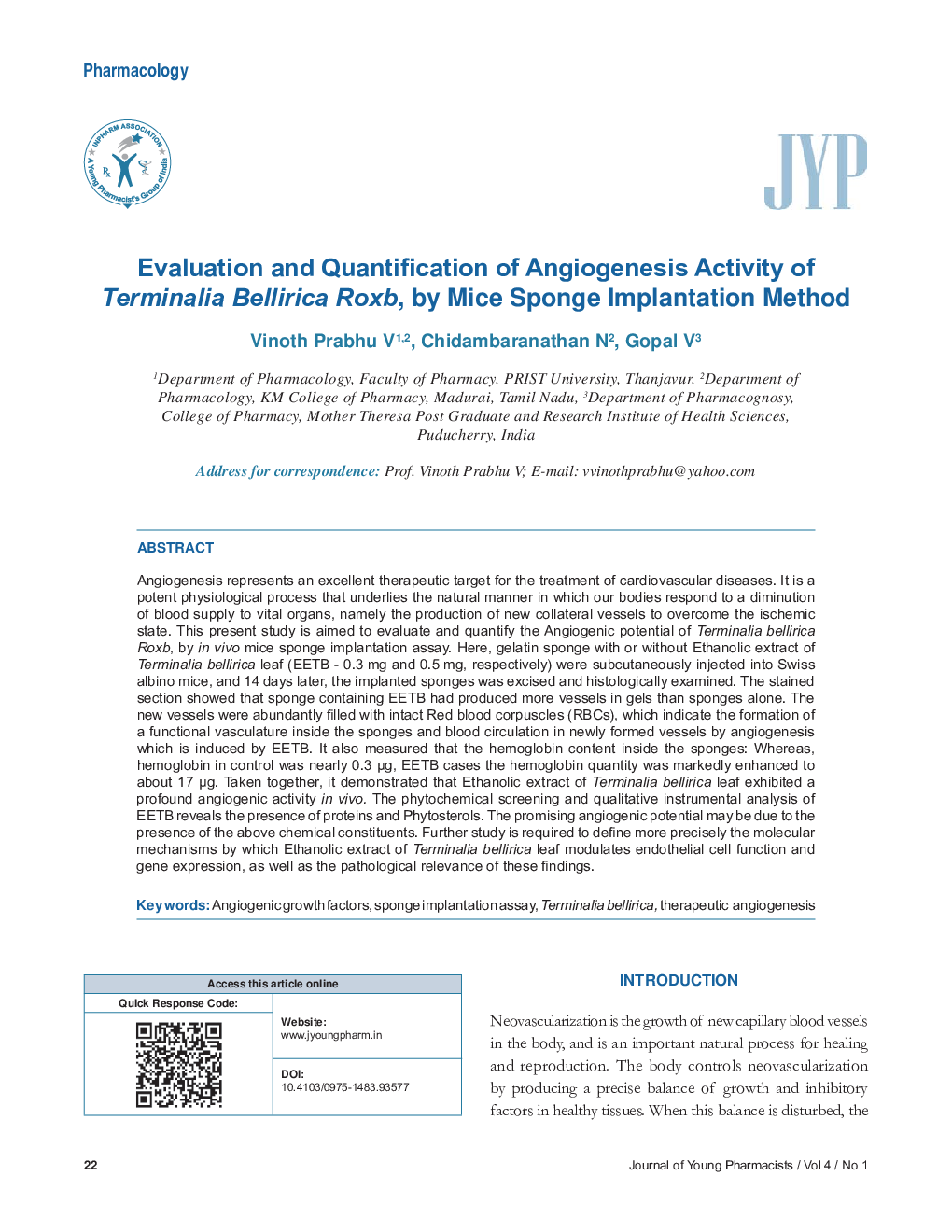 Evaluation and Quantification of Angiogenesis Activity of Terminalia Bellirica Roxb, by Mice Sponge Implantation Method