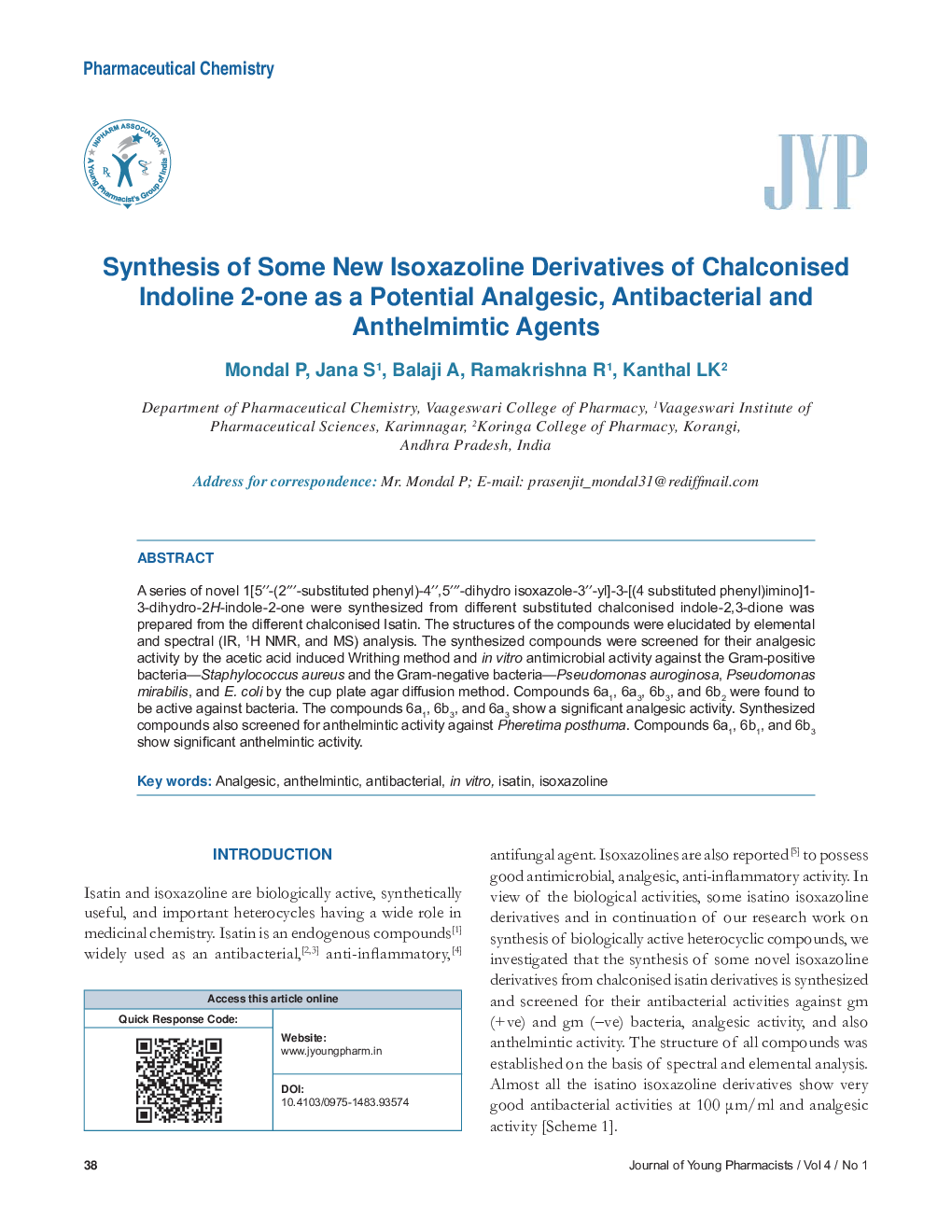 Synthesis of Some New Isoxazoline Derivatives of Chalconised Indoline 2-one as a Potential Analgesic, Antibacterial and Anthelmimtic Agents