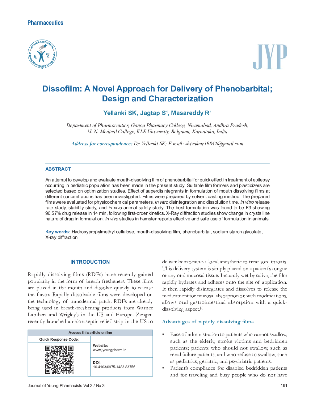 Dissofilm: A Novel Approach for Delivery of Phenobarbital; Design and Characterization