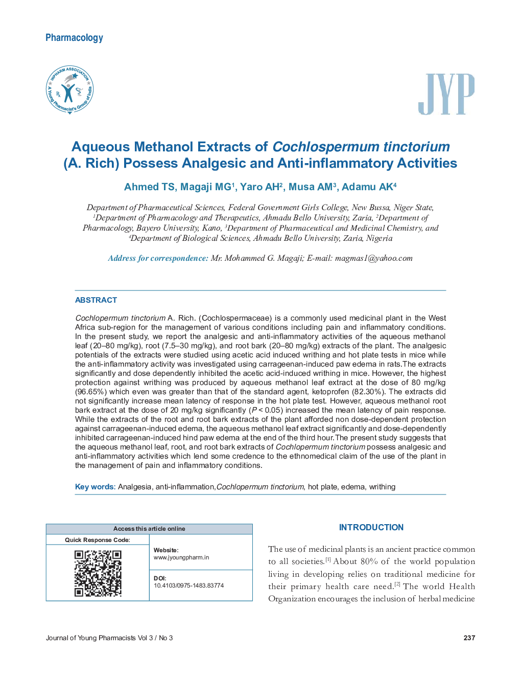 Aqueous Methanol Extracts of Cochlospermum tinctorium (A. Rich) Possess Analgesic and Anti-inflammatory Activities