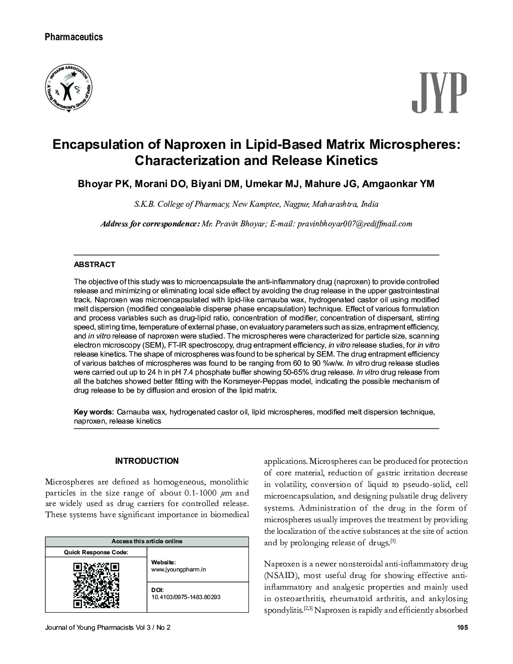 Encapsulation of Naproxen in Lipid-Based Matrix Microspheres: Characterization and Release Kinetics