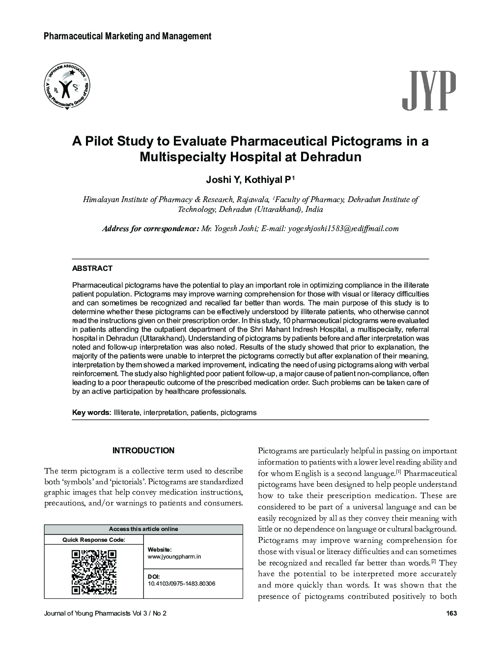 عکس صفحه اول مقاله: A Pilot Study to Evaluate Pharmaceutical Pictograms in a Multispecialty Hospital at Dehradun A Pilot Study to Evaluate Pharmaceutical Pictograms in a Multispecialty Hospital at Dehradun