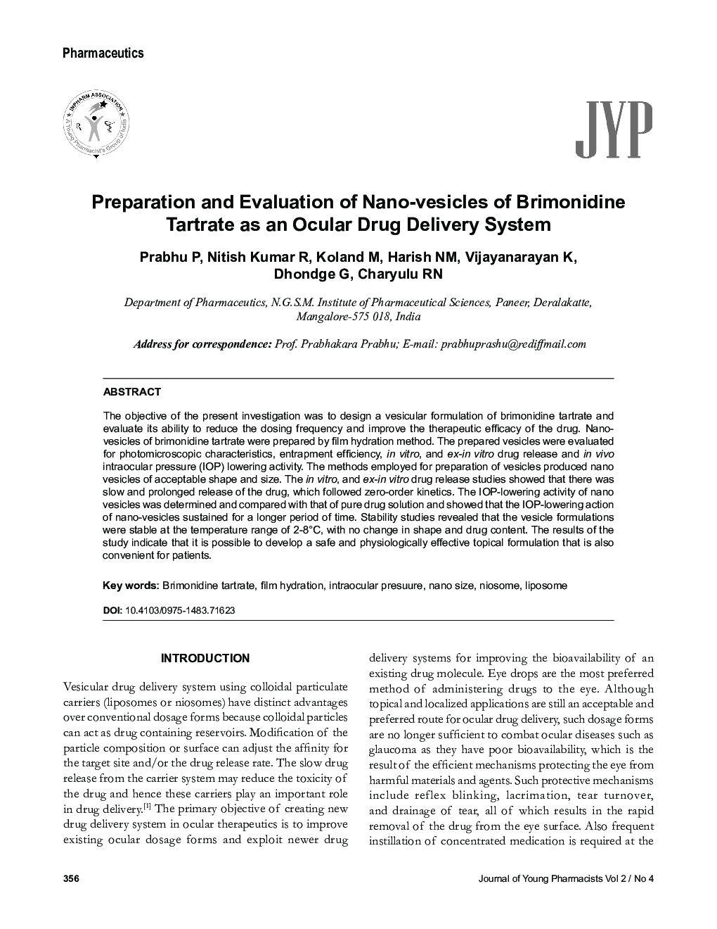 Preparation and Evaluation of Nano-vesicles of Brimonidine Tartrate as an Ocular Drug Delivery System
