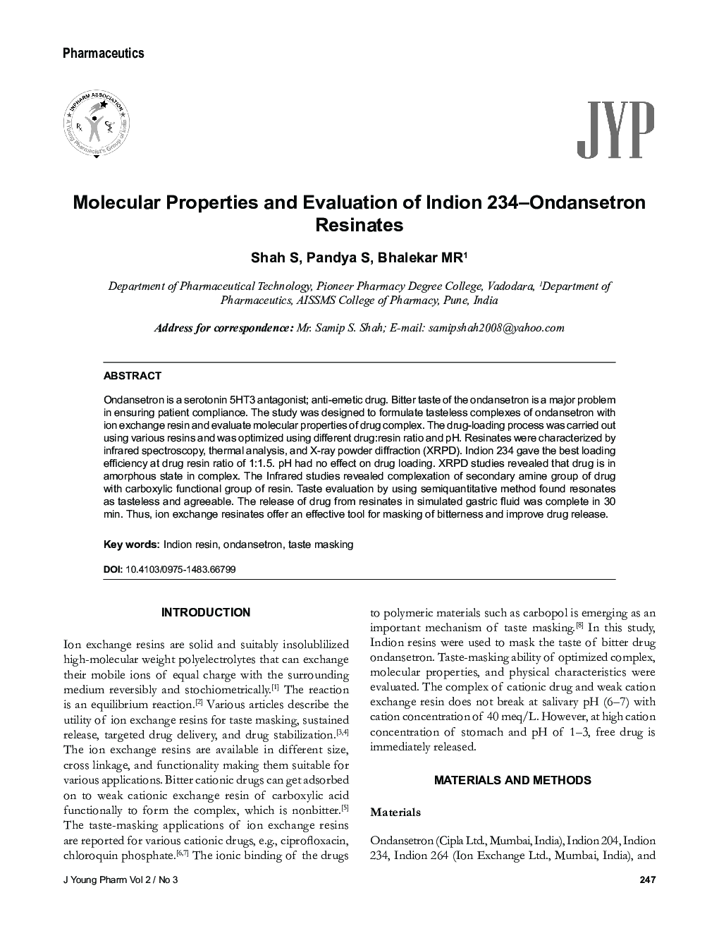 Molecular Properties Evaluation of Indion 234-Ondansetron Resinates