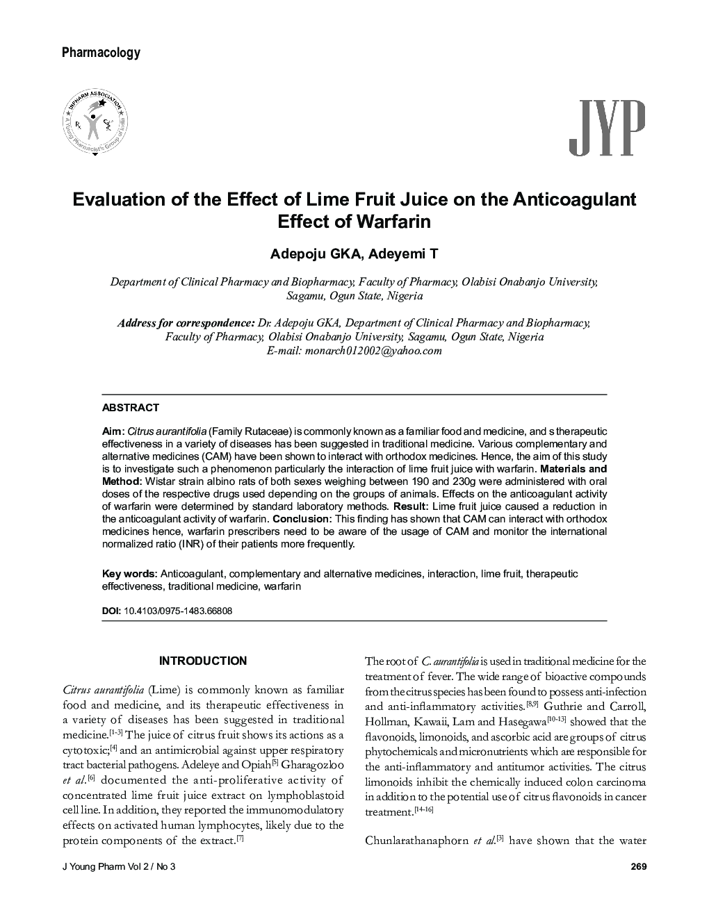Evaluation of the Effect of Lime Fruit Juice on the Anticoagulant Effect of Warfarin