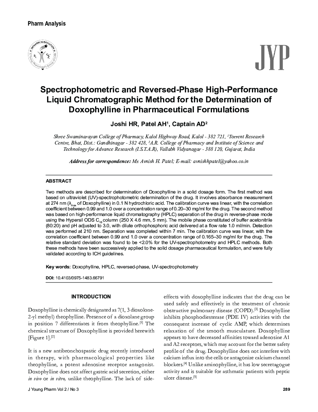 Spectrophotometric and Reversed-Phase High-Performance Liquid Chromatographic Method for the Determination of Doxophylline in Pharmaceutical Formulations