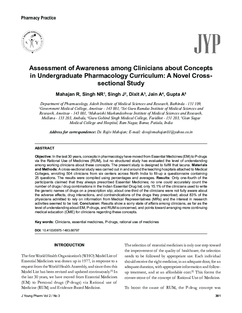 Assessment of Awareness among Clinicians about Concepts in Undergraduate Pharmacology Curriculum: A Novel Crosssectional Study