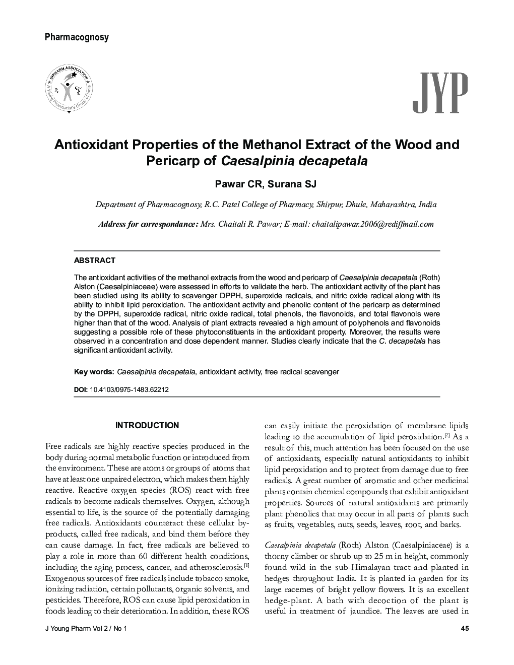 Antioxidant Properties of the Methanol Extract of the Wood and Pericarp of Caesalpinia decapetala