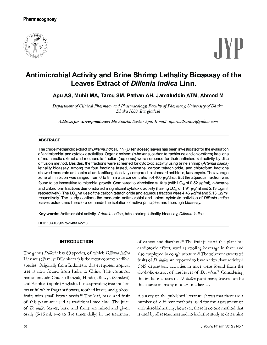 Antimicrobial Activity and Brine Shrimp Lethality Bioassay of the Leaves Extract of Dillenia indica Linn.