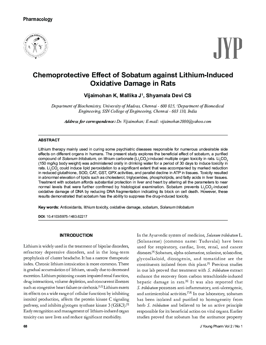 Chemoprotective Effect of Sobatum against Lithium-Induced Oxidative Damage in Rats