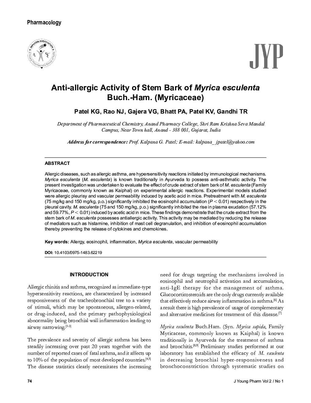 Anti-allergic Activity of Stem Bark of Myrica esculenta Buch.-Ham. (Myricaceae)