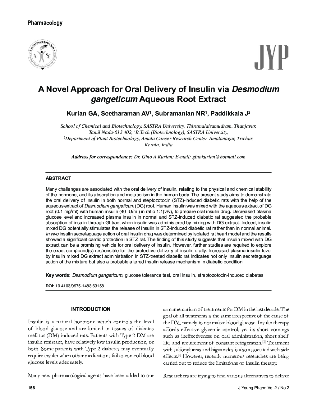 A Novel Approach for Oral Delivery of Insulin via Desmodium gangeticum Aqueous Root Extract