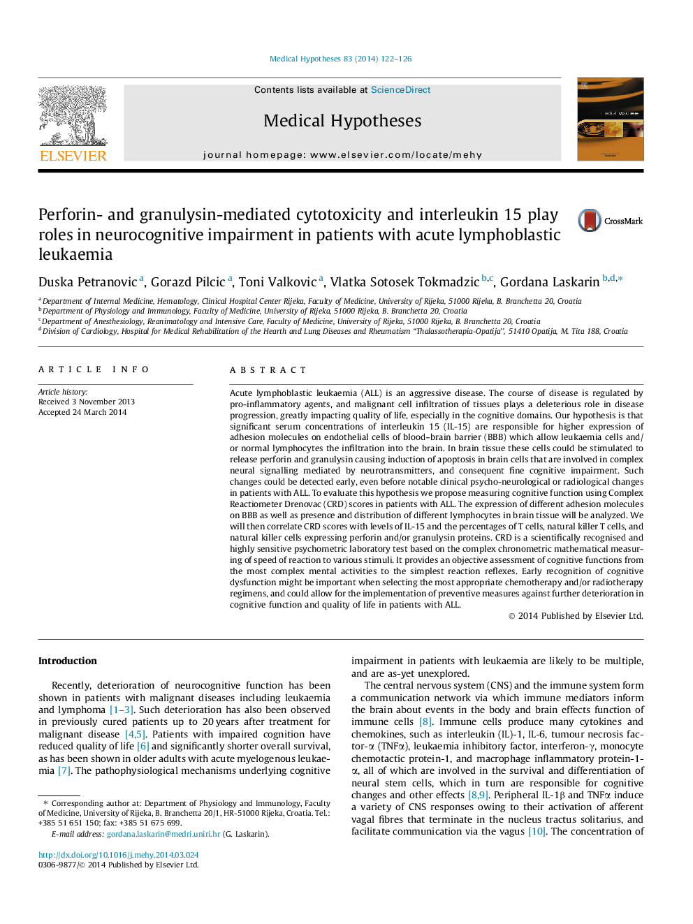 عکس صفحه اول مقاله: Perforin- and granulysin-mediated cytotoxicity and interleukin 15 play roles in neurocognitive impairment in patients with acute lymphoblastic leukaemia Perforin- and granulysin-mediated cytotoxicity and interleukin 15 play roles in neurocognitive impairment in patients with acute lymphoblastic leukaemia