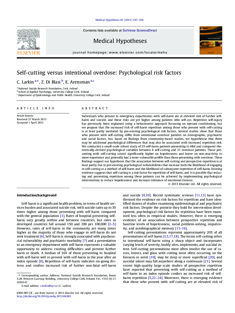 Self-cutting versus intentional overdose: Psychological risk factors