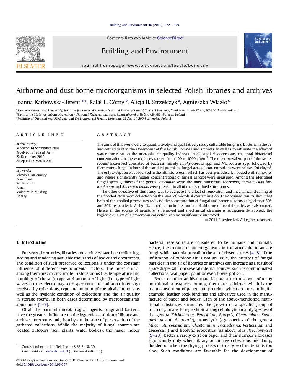 Airborne and dust borne microorganisms in selected Polish libraries and archives