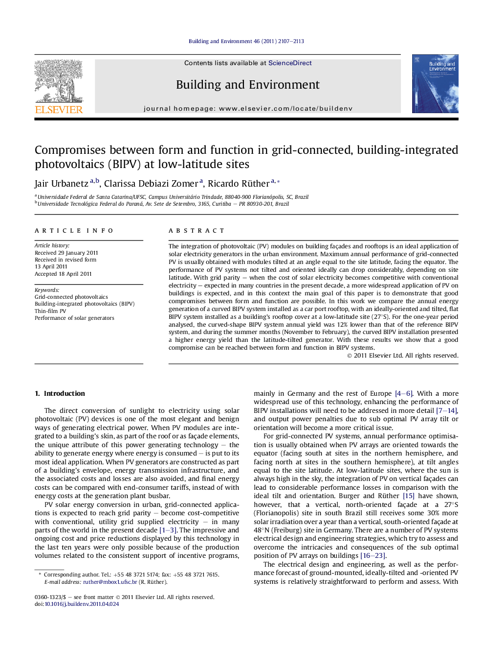 Compromises between form and function in grid-connected, building-integrated photovoltaics (BIPV) at low-latitude sites