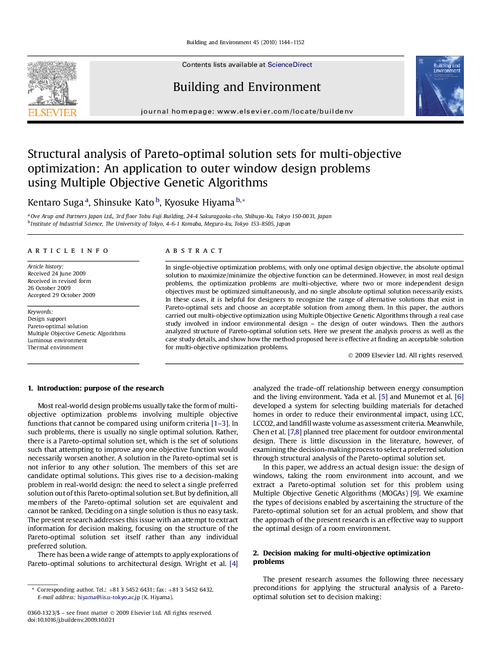 Structural analysis of Pareto-optimal solution sets for multi-objective optimization: An application to outer window design problems using Multiple Objective Genetic Algorithms